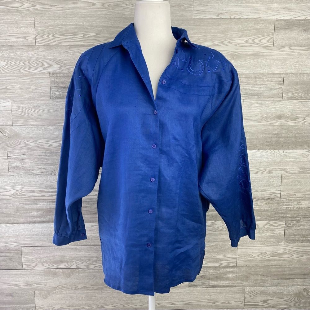 Suzelle Vintage Blue Ramie Embroidered Long Sleeve  Button Down Blouse